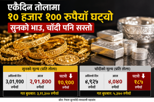 एकैदिन तोलामा १० हजार १०० रुपैयाँ घट्यो सुनको भाउ, चाँदी पनि सस्तो
